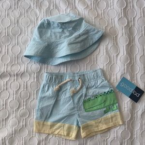 Baby boy Seersucker swim trunks and bucket hat